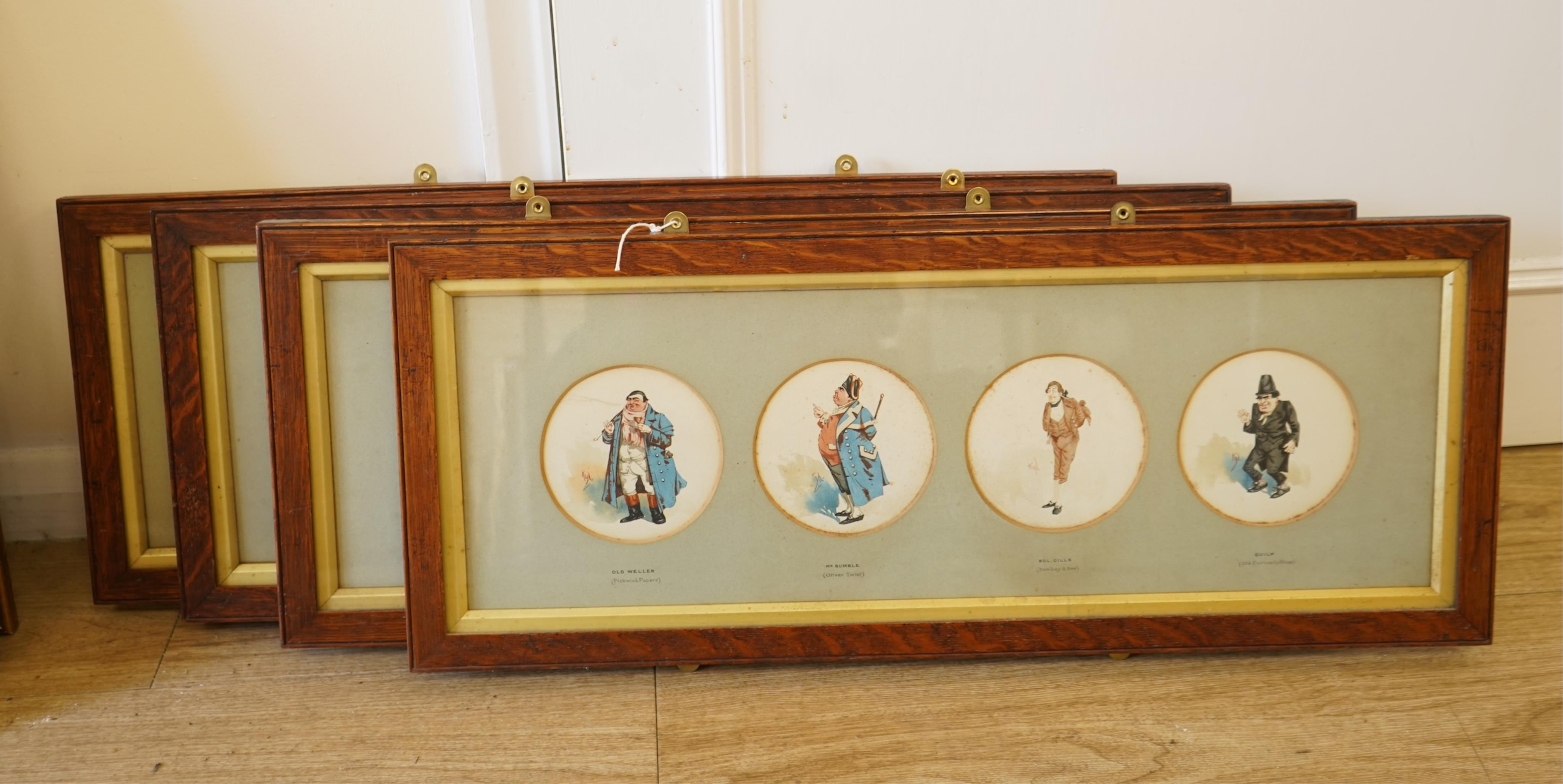 Joseph Clayton Clarke (KYD, 1857-1937), Dickens caricatures to include: Mr Bumble from Oliver Twist, Old Weller from Pickwick Papers and Quilp from Old Curiosity Shop, each signed, sixteen tondo watercolours, framed as f
